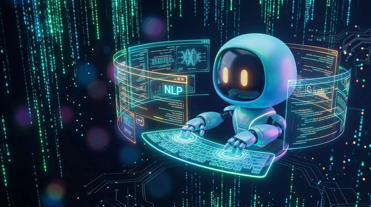 BOT-01, the Factory's robot, typing on a holographic keyboard