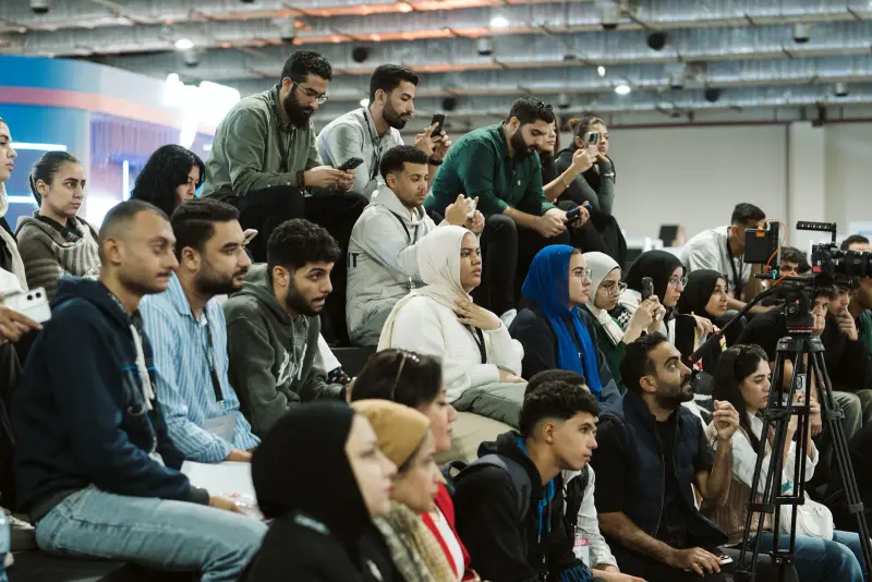Packed tiered seating of young people following an AI Factory session, Connecta 2025