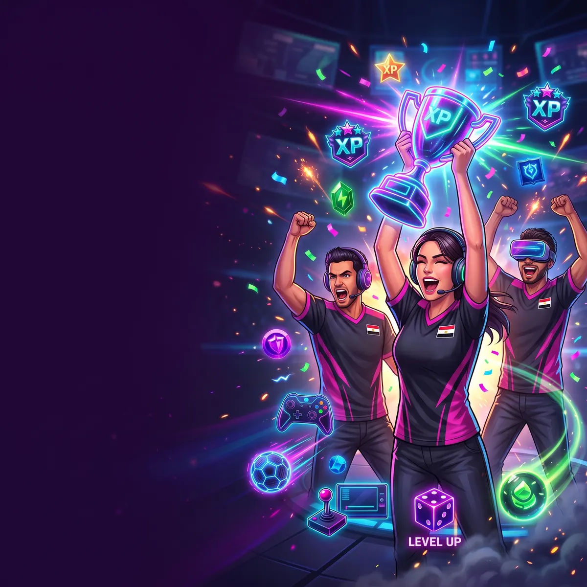 Connecta Play theme visual: a team in Egypt's colours lifting the trophy